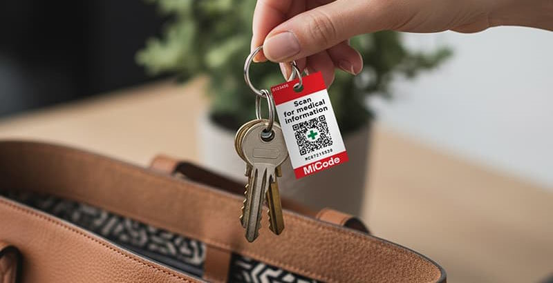 MiCode keyring held above a bag